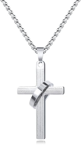 CyxenNova Kreuz Kette Herren Edelstahl Kreuzkette Schwarz Silber Halskette mit Ring Anhänger Schmuck für Männer Geschenk Geburtstag