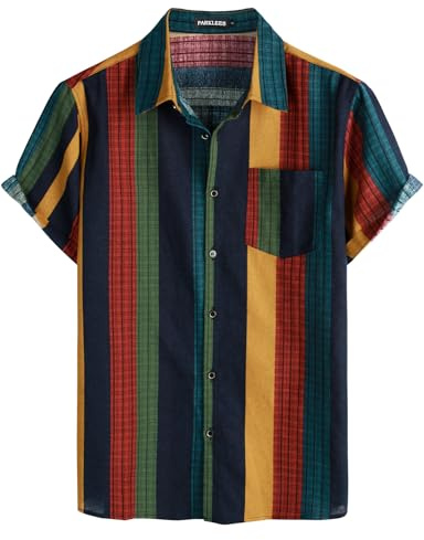 PARKLEES Men's Linen 70s Hippie Style Floral Print Shirt Short Sleeve Button Down Hawaiian Shirts Colorful Stripe X-Large