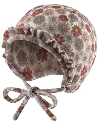 Sterntaler Inka Mütze mit Blumen Druck und Kleiner Rüsche - Mädchen Babymütze aus Mischgewebe mit angeschnittenen Ohrenklappen und Bindeband - Häubchen, gefüttert mit Baumwollfleece- beige, 47