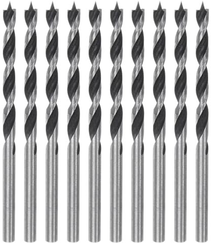 sourcing map 10pcs Brad Point Drill Bits 4mm (5/32) Dia Straight Round Shank Metric Brad Point Spiral Twist Drill Bits for Softwood Hardwood Plywood Plastic Rubber, Silver Tone