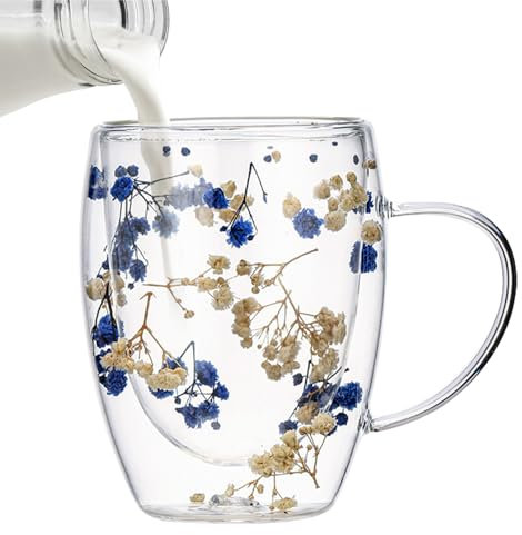 Kaxenig Tasse à Fleurs Sèches en Verre - Double Paroi Isolée pour Thé, Café, Chocolat au Lait et Jus - Décorative et Sans Danger
