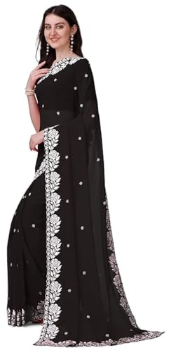 Estationeryhouse Women's Georgette Embroidery Border Work Designer Saree with Blouse Piece (Black)