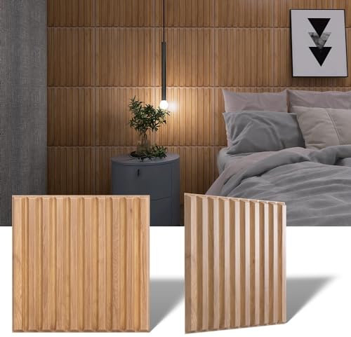 Lot de 12 panneaux muraux à lattes 3D, carrelage en PVC imitation bois, panneaux de calfeutrage texturé 3D cannelé pour décoration murale intérieure, 50 x 50 cm, noyer