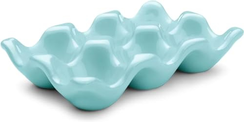 KLUFO Bandeja de Cerámica para 6 Tazas de Huevos - Porta Huevos de Porcelana Plato Decorativo para Cena Vajilla para Nevera, Congelador Mostrador Utensilios de Cocina (Azul)