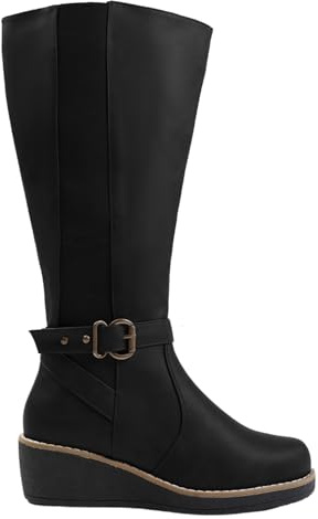 Fashion Thirsty Womens Knee High Wedge Heel Boots Winter Elastic Stretchy Walking Riding Wide Wider Calf Boot Shoes