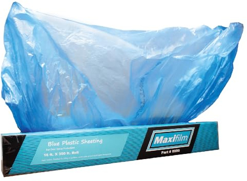 LAUCO MAXIFILM 16ft x 350 ft Roll of Blue Overspray Paintable Plastic Sheeting - 8 Micron, 0.3 Mil, Protective Corona Treated Masking Film Cover - Auto Car Painting, Bodyshop Repair, House Paint Cloth