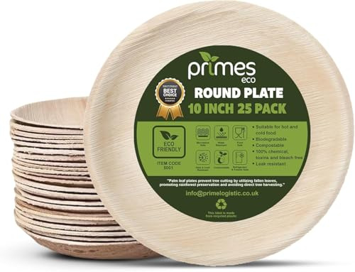 PRIMES ECO Lot de 25 assiettes jetables en feuille de palmier de 25,4 cm, respectueuses de l'environnement, biodégradables et compostables, vaisselle jetable naturelle et robuste pour fêtes, mariages