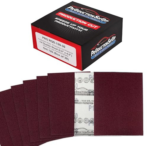 ProductionShop Premium Red 120 Grit 1/4 Sheet Size Red Sanding Sheets, Box of 30 - Hook & Loop Backing Sandpaper, Medium-Cut Abrasive - Fits Palm Sanders, Hand Sanding Blocks - Woodworking, Auto Paint