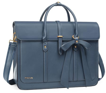 MOSISO Laptoptasche Damen 13-14 Zoll, PU Leder Handtasche Schultasche | Aktentasche Arbeitstasche Uni Tasche Büro Reisen Schultertasche Umrüstbar auf Rucksack mit Schleifenknoten, Pfauenblau