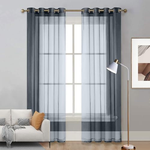 LIUNADM Verdunklungsvorhänge 125 x 260 cm Polyester, mit Ösen Transparent Querbehang Gardine Durchsichtig Tüllstoff für Küche Wohnzimmer Landhaus, Grau