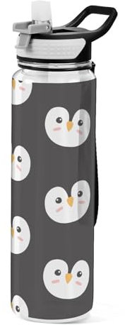 Mnsruu Transparente Sport-Wasserflasche mit Strohhalm, auslaufsichere Trinkflasche, skandinavischer Doodle-Pinguin, Fahrradflaschen für Sport, Büro, Schule, BPA-freier Tritan-Kunststoff, 1 Liter