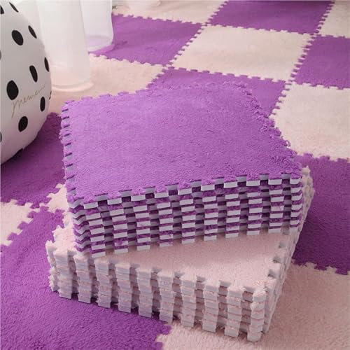 KLYso 9 Stück 9 Quadratfuß Plüschschaum 12 X 12 X 0,4 Zoll Quadratische Puzzle-Bodenmatte, Waschbare Weiche Ineinandergreifende Teppichfliesen Mit Rand(Purple+pink)