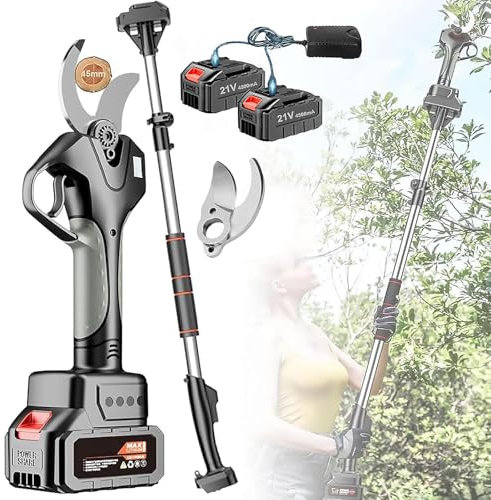 Tijeras de podar inalámbricas Profesionales, Tijeras de podar eléctricas de Mano con 2 baterías de Litio y Poste telescópico, diámetro de Corte de 45 mm, Tijeras de podar portátiles con Pantalla
