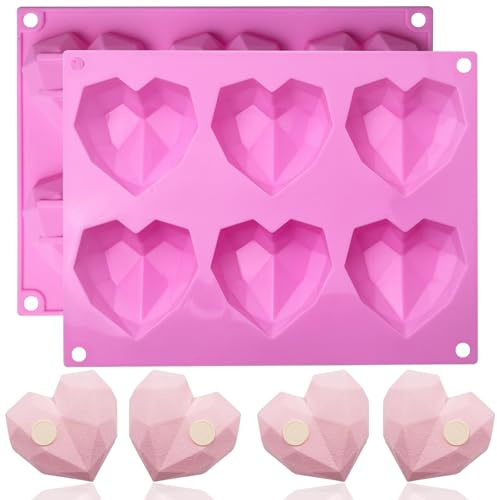 UOUYOO 6 Holes Diamond Heart Shaped Silicone Mold 3D Diamond Love Heart Shaped Mould for Jelly Chocolate Cake Handmade Soap Pudding Mould Candy Making
