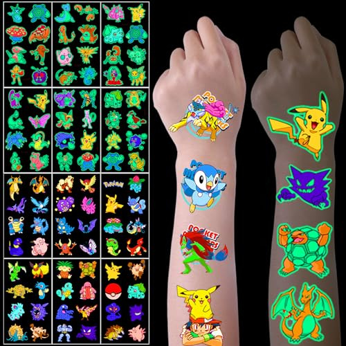KOOCOVY Tattoo Kinder, 12 Blätter Kindertattoos Hautfreundliche, 6 Luminous Tattoo Stickers + 6 Blätter Skin-Tattoo für Kindergeburtstag Party Deko Hautfreundliche Temporäre Kindertattoos