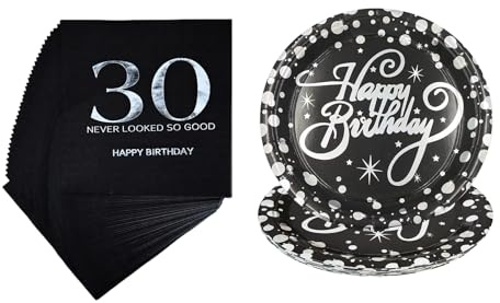 30th Birthday Plates and Napkins,Black and Silver 30th Birthday Tableware Set Disposable Napkins and Plates Decorations Favors for Men Women Serves 20 (Silver)