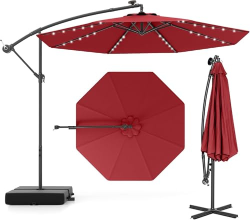 RELAX4LIFE Sombrilla Terraza 3x3m con 40 Luces LED Solar, Sombrilla Inclinable con Base en Cruz, Manivela Manual y 2 Sacos de Arena, Protección Solar, Parasol para Jardín, Terraza y Patio (Rojo)
