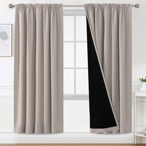 BellaHills 100% Gardinen mit Kräuselband Blickdicht Vorhang Kälteschutz Verdunklungsvorhänge Gardinen Wohnzimmer, Schallschutz Vorhang 2er Set H245 x B140 cm, Natur