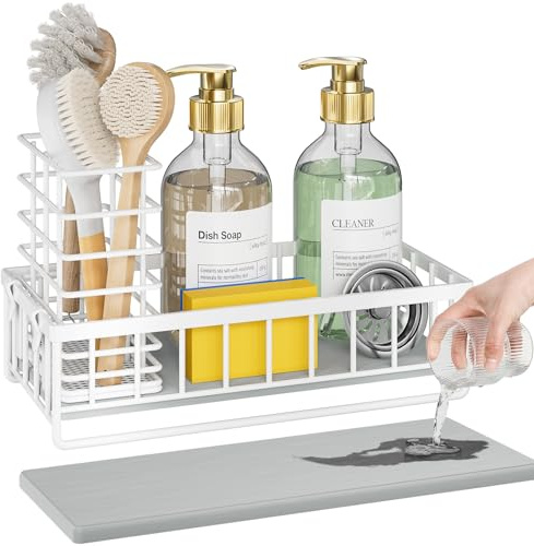 Ovicar Küchenspüle Caddy Organizer – Schwammhalter mit Spülbürstenhaltern – sofort trocknender, wasserdichter Seifenspender, rutschfeste Aufsatzspüle, Caddy für Küche, Badezimmer, Weiß