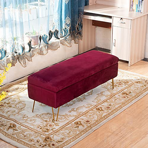Ottomane mit Samt, gepolstert, modern, Plüsch, getuftet, Fußhocker für Eingangsbereich, Wohnzimmer, Rot, 80 x 40 x 43 cm