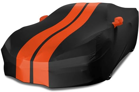 TECTICO Indoor Autoabdeckungen Sportwagen L4,2-4,6m Elastisch Atmungsaktiv Weich, Satin-Stretch-Stoff, Staubschutz, für Garage, Tiefgarage & Auto Show, Schwarz+Orange