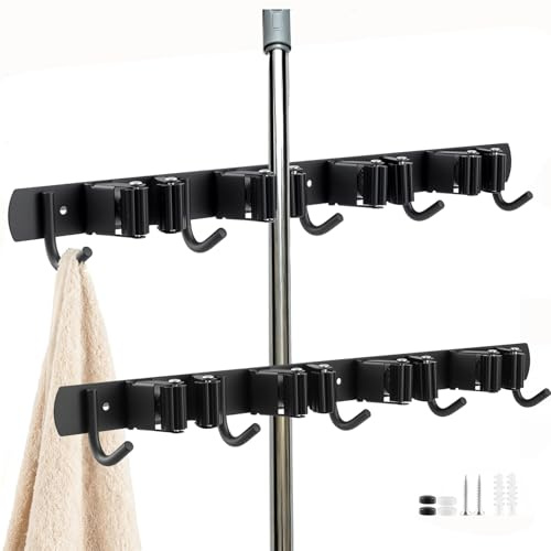 YUENPUN 2 Pack Broom Holder Wall Mounted, 4 Holders and 5 Hooks Stainless Steel Mop Holder, Garden Tool Storage Organizer for Kitchen Bathroom Utility Room Closet Garden Garage