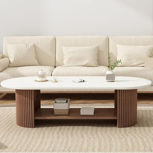 Table basse ovale en bois massif blanc et noyer, design rond moderne pour le salon, élégant et durable, parfait pour la décoration de la maison. Taille : D