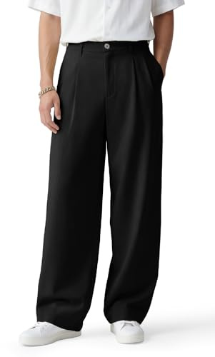 Heyfanee Mens Casual Pants Baggy with Pleats Slacks for Men Relaxed fit Lightweight Chinos Black 34