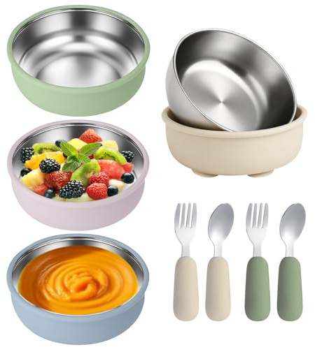 SUNOYA 4er Set Edelstahl Baby Schüsseln mit Saugnapf, Breischale Baby für Babybrei, Babyschalen mit Besteck, BPA-frei & Rutschfeste Breischale für Kleinkinder & Kinder