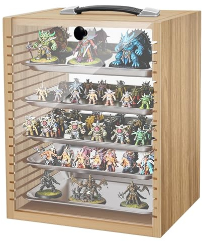 Miniature Storage Case for Collectibles Miniatures, Wooden Miniature Display Cases with 5 Trays, Transparent Front and Back for Better Display, Miniatures Transport Case, Oak