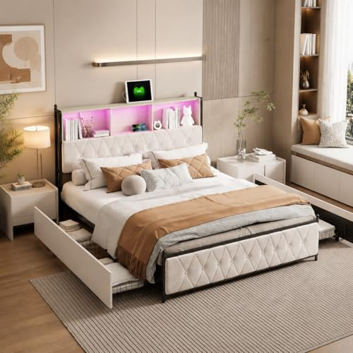 Zorvani Doppelbett Polsterbett 180x200 cm mit LED & Stauraum Kopfteil, Stauraumbett mit 4 Stauraum Schubladen, Bett mit USB/TypC-Ladefunktion, Bettgestell mit Lattenrost, Beige, Samt, Ohne Matratze