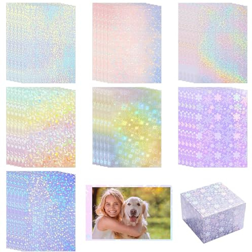 35 Blatt Holografische Folie Transparent, 7 Styles Holografische Folie Selbstklebend A4, Klare Hologrammfolie, Glitzer Holographische Aufkleber Papier für Bastelarbeiten, DIY Dekoration