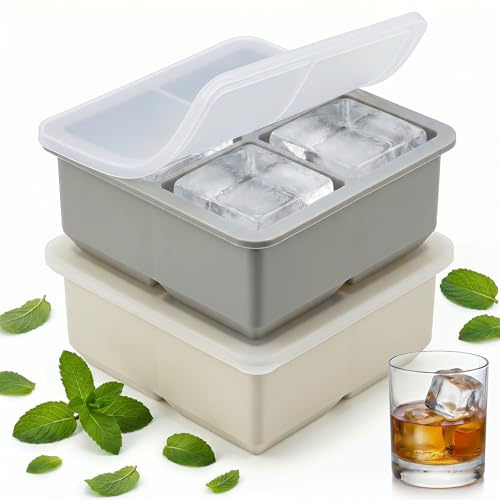 Ameinu Silicone Ice Tray with Lid, Jumbo 5cm Cube Mold for Whiskey | BPA-free food-grade silicone; 2 trays make 8 slow-melt cubes. Stackable lid, dishwasher-safe for bourbon, cocktails & home