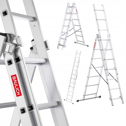 Baulich - Mehrzweckleiter 3in1 - Treppenleiter, Anlegeleiter & Stehleiter - Aluleiter Ausziehbar - 3x7 (Stufen) Vielseitig, Klappbar, Bis 150kg, Für Arbeiten Im Haus und Garten, Leicht 9,1kg, Silber
