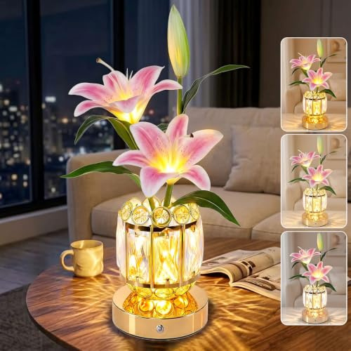 Pink Lily Flower Table Lamp, 3 Colors Touch Dimming Table Light with Vase Lamp, Rechargeable Cordless Artificial Flower Night Light, LED Potted Flower Lamp Gift for Mom Women Girl Grandma (Pink-Lily)