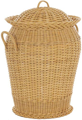 Wäschekorb/Wäschetonne rund aus echtem Rattan, Wäschesammler mit Deckel und Inlett (Honig)