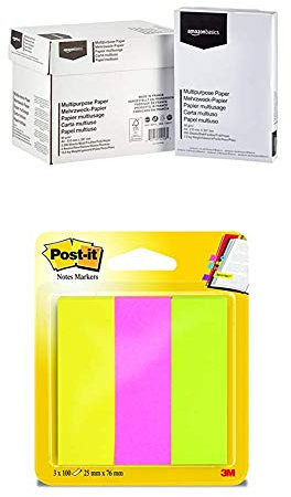 Amazon Basics - Druckerpapier, 5x500 Blatt + Post-it 671-3 Haftstreifen Page Marker breit, 25 x 76 mm, neonfarben, 3x100 Blat