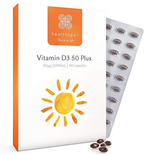 Healthspan Vitamin D3 50 Plus (180 Capsules) | Ideal for Anyone Over 50 | Super Strength | Immune Health | Bone, Teeth & Muscle Health | Contains 2,000iu of Natural Vitamin D3 Per Tablet | Vegetarian