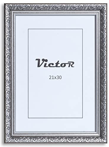 VictoR Vintage Bilderrahmen „Rubens“ in 21x30 cm (A4) Schwarz Silber - Leiste: 30x20mm - Echtglas - Fotorahmen Barock - Antik - Bilderrahmen 20x30 Vintage - Fotorahmen A4 Schwarz