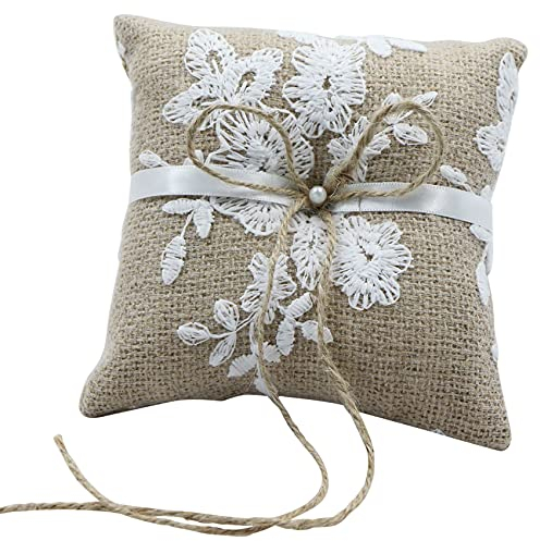 Ringkissen Stickereiringkissen Hochzeitringkisse Ringjutekissen Ringspitzenkissen - 15*15 cm Hochzeit Ringkissen Vintage, Jute Spitzeblumen Rustikale Eheringe Brautkissen, Wedding Ring Pillow