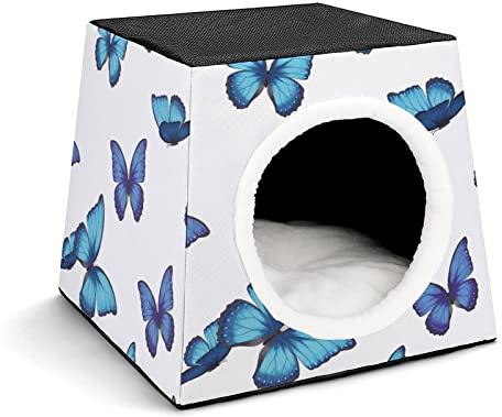 Three-Purpose Cat House Cat Bed Cat Sofa Foldable Cat Shelter Scratching Toy with Removable Cushion Blue Cute Butterfly