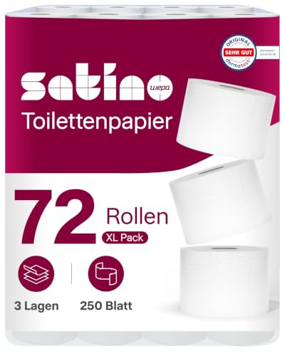 Toilettenpapier 3-lagig – 72 Rollen á 250 Blatt - aus 100% Zellstoff - Made in Germany - 9 Packs mit 8 Rollen – für Zuhause, Hotels, Gastronomie, Gewerbe, Industrie - Satino