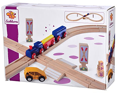 Eichhorn Schienenbahn 100006202 Achterbahn, 27 teilig, 290 cm Streckenlänge, FSC zertifiziertes Buchenholz, verbaubar mit Anderen Schienenbahnsystemen, Mehrfarbig