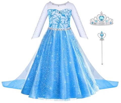 ACWOO Kostüm Mädchen, Kinder Prinzessin Kleidfür, Kinder Kleid mit Krone Zauberstab für Halloween Weihnachten Verkleidung Karneval