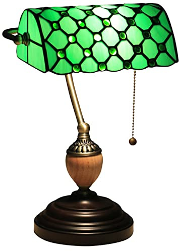 AIBOTY Vintage Banker Lampe, Schreibtischlampen Für Home Office, Tiffany Lampe, Buntglas Lampe, Antike Tischlampe, Schlafzimmer Nachttisch Lesen Lampe Mit Legierung Basis Pull Chain Schalter,A