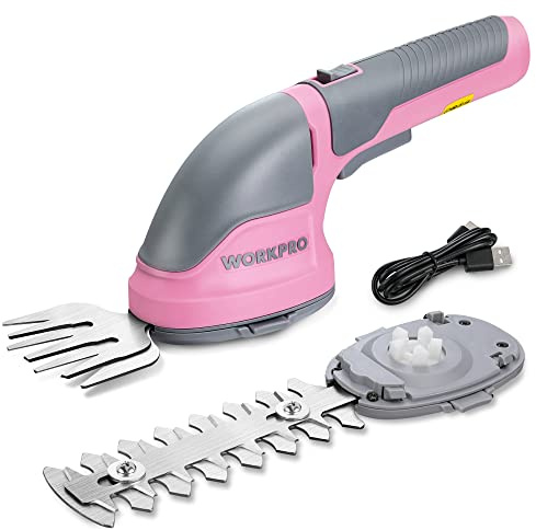 WORKPRO Cordless Grass Shear & Shrubbery Trimmer - 2 in 1 Handheld Hedge Trimmer Electric Grass Trimmer Hedge Shears/Grass Cutter Rechargeable Lithium-Ion Battery and Type-C Cable Included Pink Ribbon