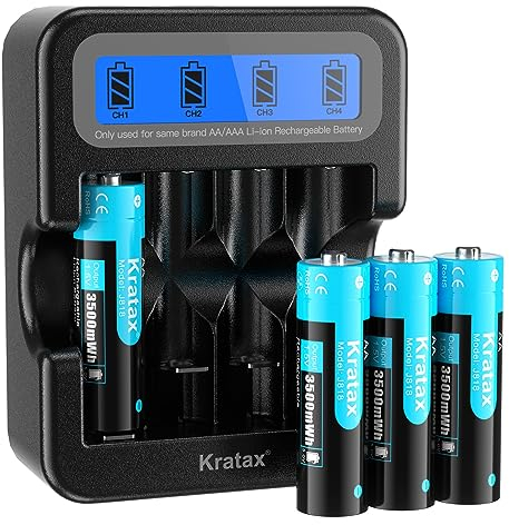 Kratax 1,5V AA Wiederaufladbare Lithium Akku, 3500mWh Hohe Kapazität, 1600 Lange Zyklen, 4 Stück AA Lithium Batterien mit Schwarzem LCD-Ladegerät, für Blink Camera VR/AR Headset Xbox Controller