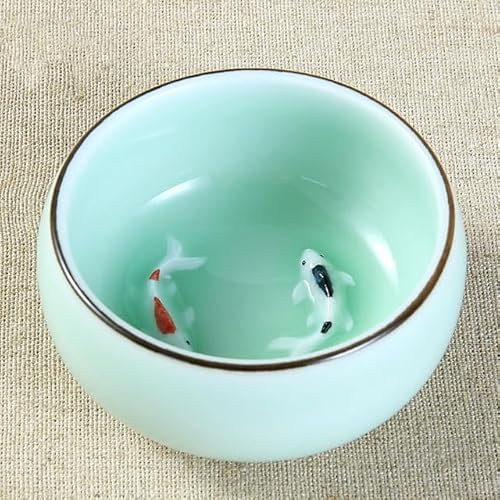 umsl 45ml/80ml Handpainted Ceramic Embossed Double Carps Teacup Longquan Celadon 3 Foots Fish Luohan Vintage Personal Cups Green Blue