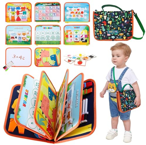 TUNJILOOL Montessori Busy Book - 10-seitiges Sinnesaktivitätsbuch mit Schulterriemen & wischbarer Whiteboard, ideales Reise-Lernspielzeug für Feinmotorik