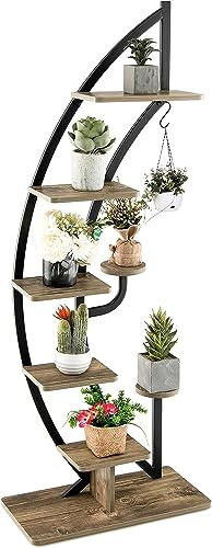 HOMASIS 6 Ebenen Blumenständer aus Metall, Pflanzenregal mit 7 Ablagen & 1 Haken, Elegante Halbmondform, Pflanzenständer mit Kippschutz für Balkon, Garten, Wohnzimmer & Schlafzimmer (Braun, 1 Stück)